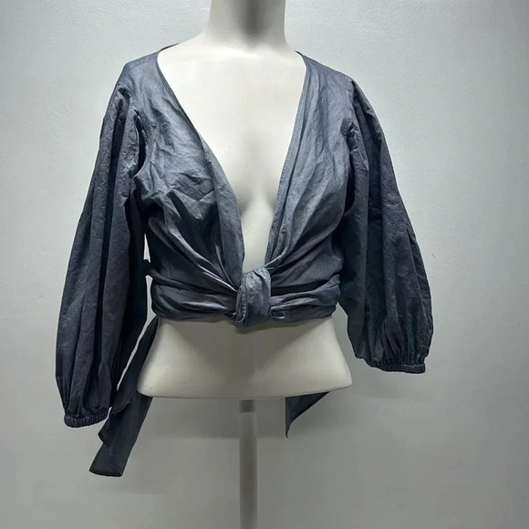 Elizabeth And James Farrah Wrap Top Blouse Long Sleeve Tie Bow Chambray S Small - Picture 3 of 12